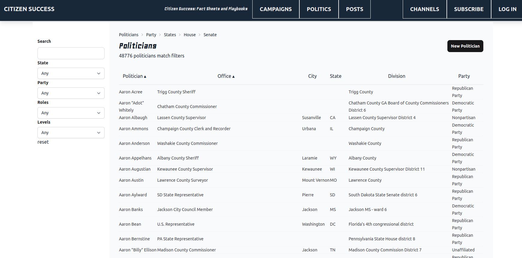 Citizen Success interface with filters for state, party, role, and political office