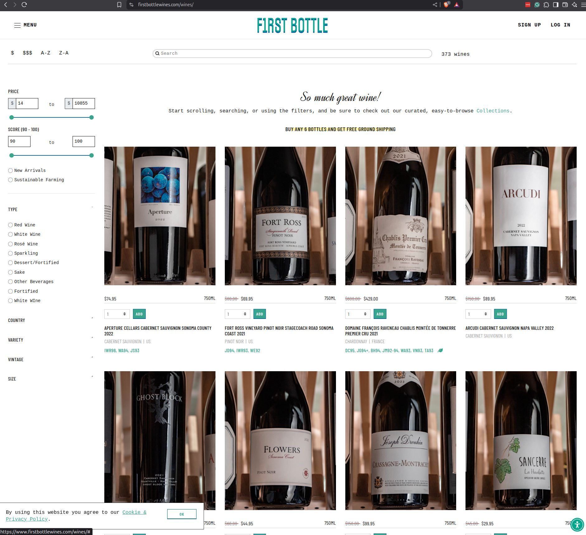 First Bottle wine storefront, showing a searchable catalog and product filters