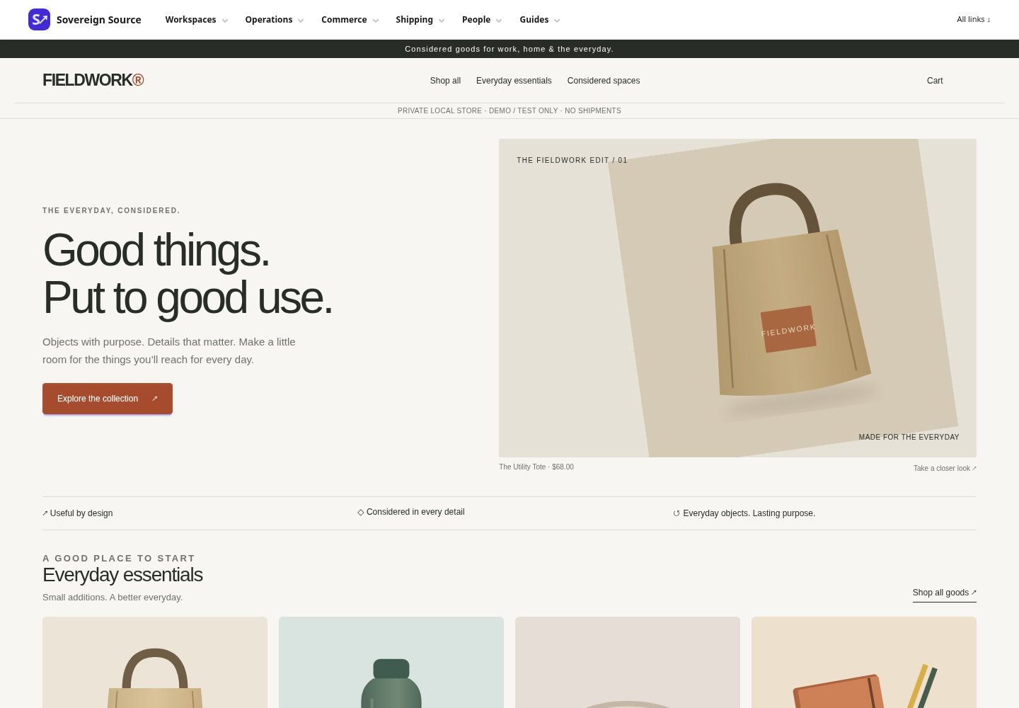 Fieldwork demo storefront with a tote bag hero image, product collections, and featured products