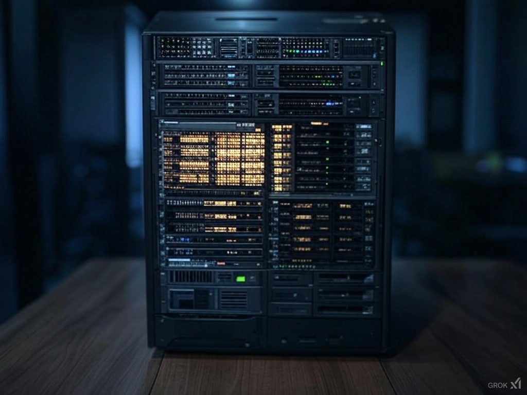 Illustration of a server cabinet with illuminated hardware