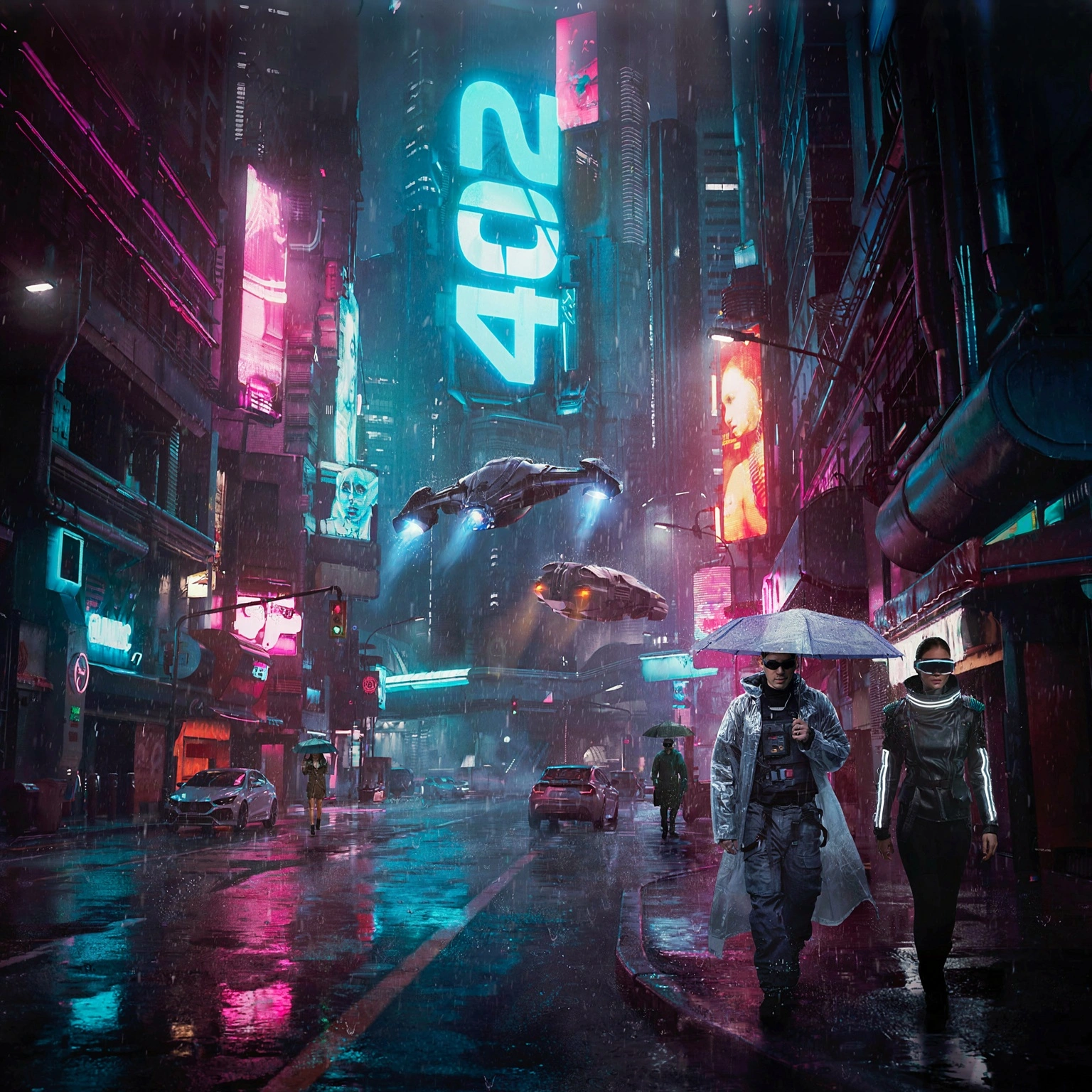Futuristic city street with flying vehicles and a glowing 402 sign